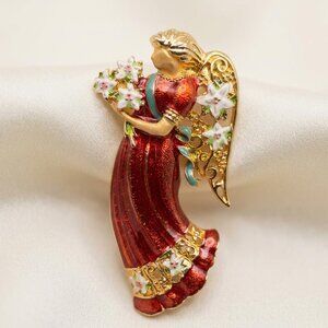 Christopher Radko Angel Brooch Red Glitter Enamel Christmas Pin 2.25”